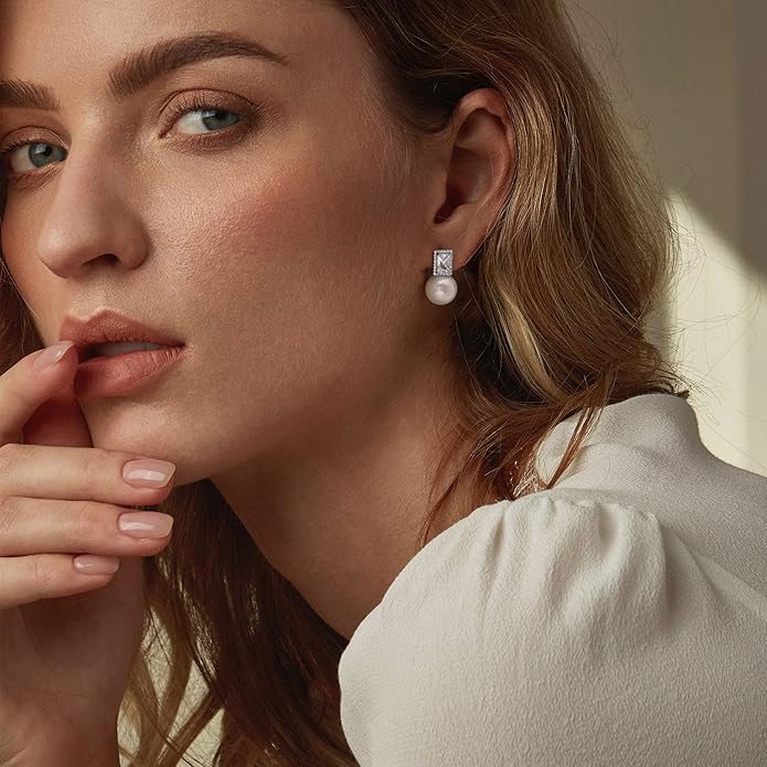 925 Sterling Silver Hoop Handpicked AAA+ Quality 7.5-8mm White Freshwater Cultured Pearl Dangle Drop Earrings Jewelry for Women