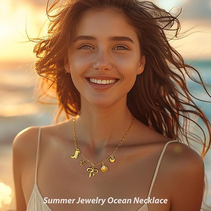 Choistily Charm Necklace Dainty Gold Western Outfit Beach Jewelry for Women Trendy Cowgirl Accessories for Women Gold Bow Sea Shell Pendant Necklace Preppy Stuff Summer Jewelry 2025