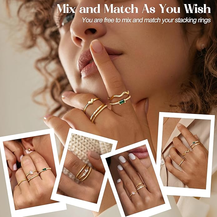 Fansilver 14K Gold Plated Stacking Rings for Women Simple Dainty Gold Stackable Knuckle Thumb Rings Heart CZ Opal Rings Plain Band Size 5-11