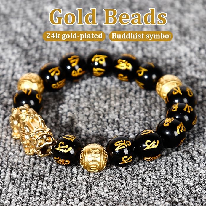 Feng Shui Bracelet Obsidian Bracelet, 24k Gold Plated PiXiu Dragon Protection for Men Women, 12mm Mantra Prayer Beads Bracelets Meditation Decompression Meaning to Attract Wealth, Good Luck