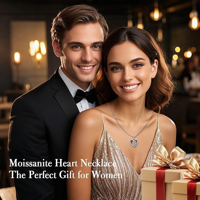 Moissanite Necklace for Women, Heart Pendant Engraved 'I Love You' Gifts for Wife, Valentine's Day Gift Anniversary Eternity Birthday Present Sterling Silver Jewelry for Her