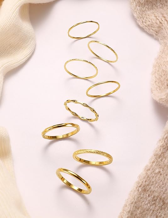 YADOCA 8Pcs 1MM 2MM Stainless Steel Rings for Women Men Minimalist Fashion Dainty Plain Thin Knuckle Stacking Midi Thumb Rings Stackable Statement Band Rings Set Silver Gold Tone Size 4-12