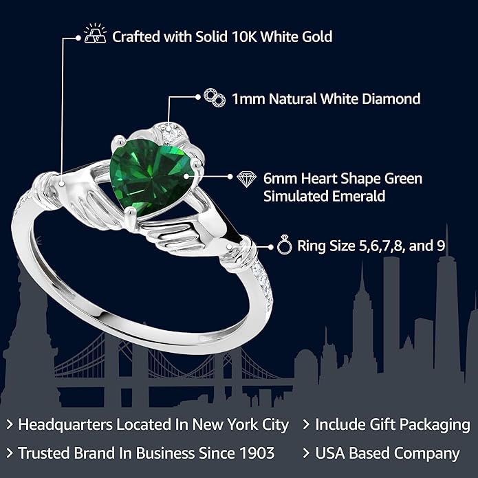 Gem Stone King 10K White Gold 6MM Heart Shape Gemstone Birthstone and White Diamond Irish Celtic Claddagh Engagement Ring | Gold Ring For Women | Available In Size 5, 6, 7, 8, 9