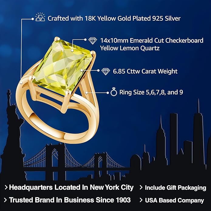 Gem Stone King 5-10 Cttw Gemstone Birthstone Solitaire Engagement Ring For Women | 18K Yellow Gold Plated Silver | 14X10MM Emerald Cut | Wedding Anniversary Ring | Available In Size 5, 6, 7, 8, 9