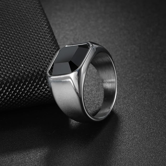 Mens Signet Rings Stainless Steel Pinky Ring for Men Women Silver/Black/Gold Square Cool Finger Ring, Gift for Dad Husband