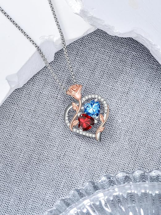 Jewelry for Her Double Heart Rose Birthstone Pendant Necklace Anniversary Jewelry Christmas Birthday Gifts for Women Wife Girlfriend