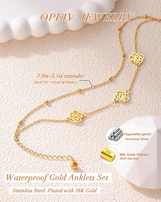 2/3 PCS Gold Anklets for Women Waterproof Boho Starfish, Seashell, Heart & Butterfly Charms Ankle Bracelets Non Tarnish Adjustable Layered Cuban Beaded Foot Chain Beach Jewelry for Summer Vacations