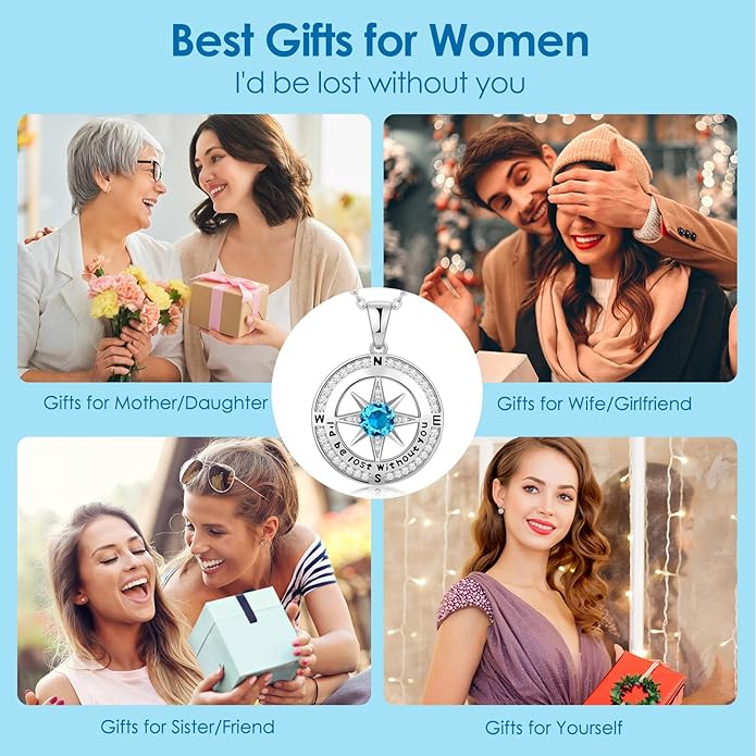 Compass Necklace Gifts for Women wife - S925 Sterling Silver Birthstone Necklaces for Women - Anniversary Birthday Gifts for Her Wife Girlfriend - Valentines Mom Mothers Day Christmas Gifts Jewelry for Women