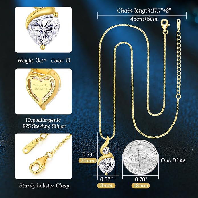 Moissanite Heart Pendant Necklaces for Women，925 Sterling Silver Gold Plating Necklace with Birthstone，Ideal Anniversary Present or Birthday Christmas Valentine Engagements Mothers Day Jewelry Gifts for Mom Wife Her Girlfriend
