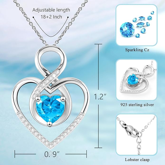 Heart Necklace for Women, 925 Silver Necklace with Infinity Heart Pendant, Personalized Birthstone Necklace Anniversary Birthday Gifts for Wife, Girlfriend, Mom