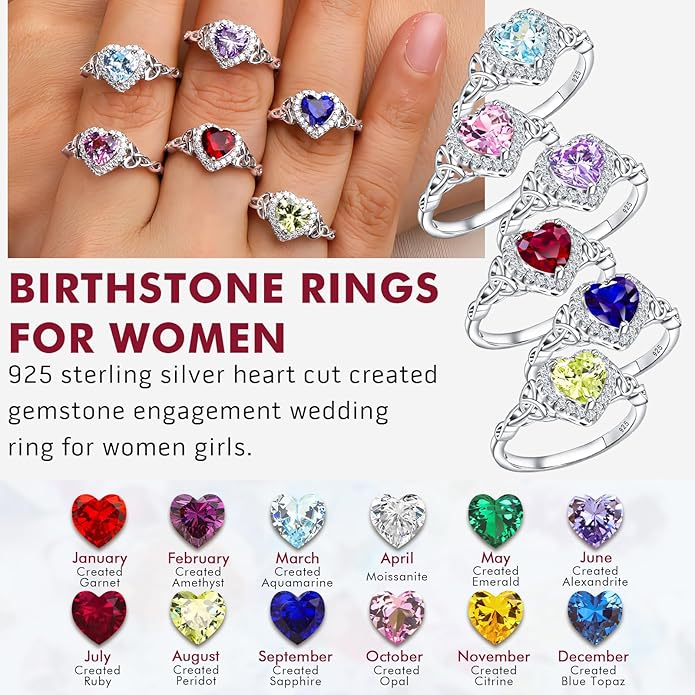 DAYBYDAY Celtic Birthstone Rings for Women 925 Sterling Silver Heart/Round/Pear/Oval Created Gemstone Moissanite Halo Engagement Promise Rings for Her Wife Birthday Anniversary Wedding Jewelry