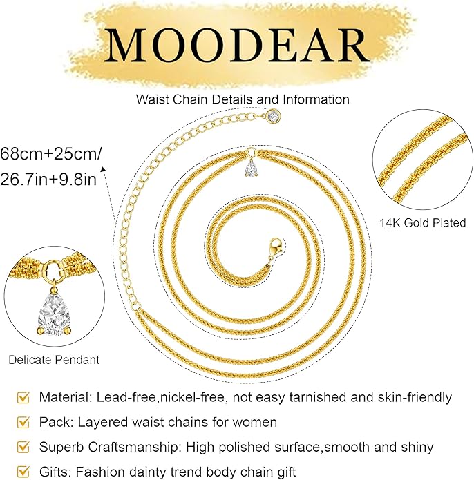 MOODEAR 2PCS Waist Chain for Women - Waterproof 14K Gold Plated/Silver Layered Belly Beads Chains with Drop Cubic Zirconia Body Chain Jewelry Sexy Bikini Belt Gift for Summer Beach