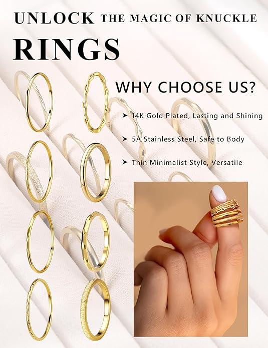 YADOCA 8Pcs 1MM 2MM Stainless Steel Rings for Women Men Minimalist Fashion Dainty Plain Thin Knuckle Stacking Midi Thumb Rings Stackable Statement Band Rings Set Silver Gold Tone Size 4-12