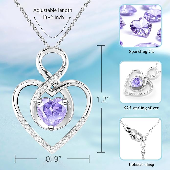 Heart Necklace for Women, 925 Silver Necklace with Infinity Heart Pendant, Personalized Birthstone Necklace Anniversary Birthday Gifts for Wife, Girlfriend, Mom