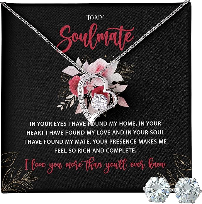 (USA-Assembled) To My Soulmate Gift - Womens Heart Necklace and Earring Set for Her Jewelry - Wedding Anniversary Valentines Day Birthday Engagement Christams Black Box (id165)