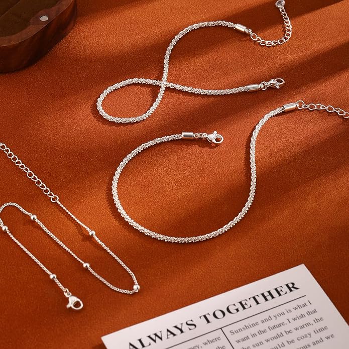 Ankle Bracelets for Women 14K Real Gold Silver Plated Ankle Bracelets Waterproof Heart Beads Rope Satellite Anklets Set Adjustable Layered Anklet Bracelets No Tarnish Summer Beach Jewelry Gift