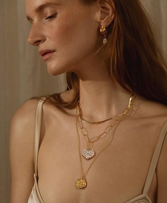 18k Gold Chain Link Necklace for Women, Baroque Pearl/Compass Pendant Necklace