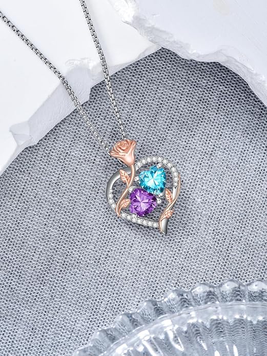 Jewelry for Her Double Heart Rose Birthstone Pendant Necklace Anniversary Jewelry Christmas Birthday Gifts for Women Wife Girlfriend