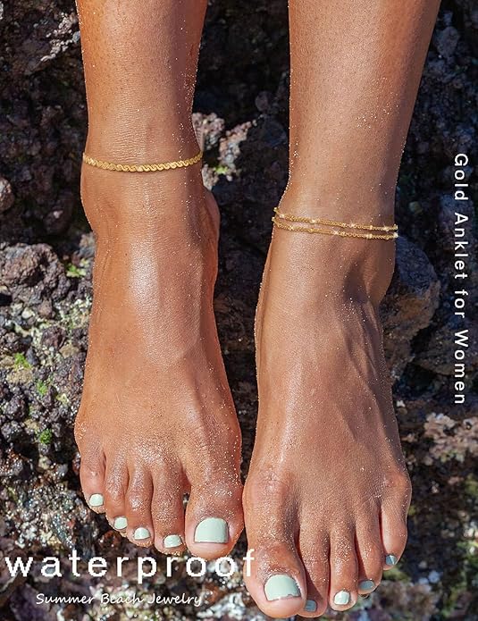 RLMOON Gold Anklets for Women CZ Ankle Bracelet 14K Gold Plated Waterproof Dainty Layered Tennis Heart Dot Chain Silver Clover Anklet Trendy Foot Jewelry