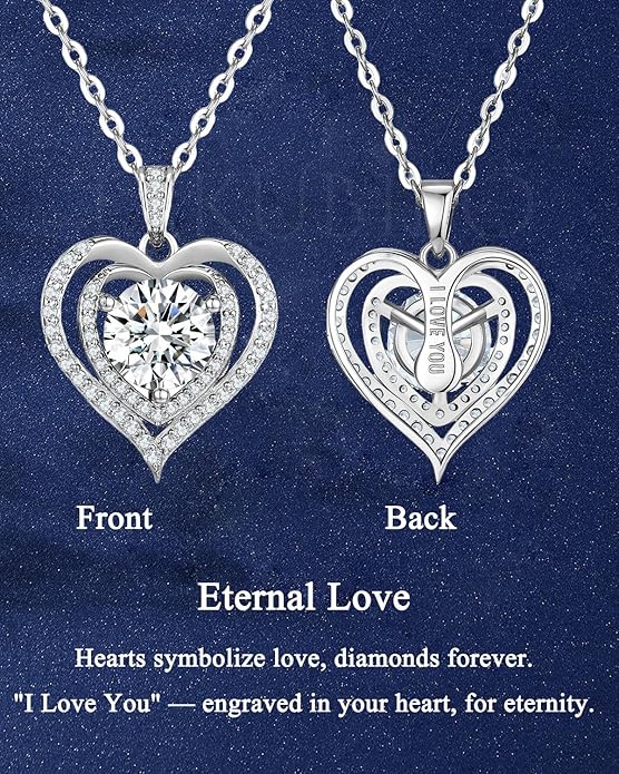 Moissanite Necklace for Women,1-2 Carat Heart Necklace Pendant Engraved with 'I LOVE YOU', 18K Gold Plated S925 Silver Jewelry Anniversary Birthday Gift for Girlfriend Wife Mom