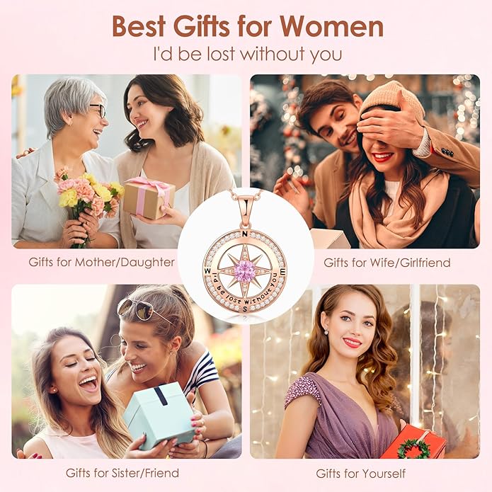 Compass Necklace Gifts for Women wife - S925 Sterling Silver Birthstone Necklaces for Women - Anniversary Birthday Gifts for Her Wife Girlfriend - Valentines Mom Mothers Day Christmas Gifts Jewelry for Women