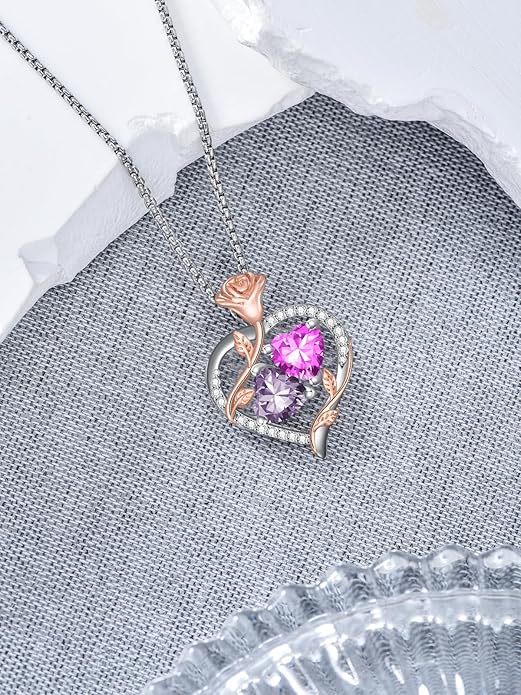 Jewelry for Her Double Heart Rose Birthstone Pendant Necklace Anniversary Jewelry Christmas Birthday Gifts for Women Wife Girlfriend