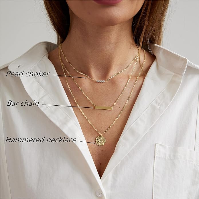ASCOMY Layered Necklaces for Women Dainty Gold Necklace 14K Gold Plated Herringbone Necklace for Women Pearl Cross Necklace Paperclip Cuban Figaro Rope Satellite Chain Gold Choker Trendy Jewelry Gift