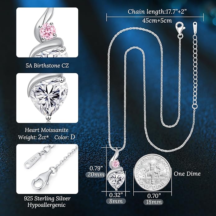 Moissanite Heart Pendant Necklaces for Women，925 Sterling Silver Gold Plating Necklace with Birthstone，Ideal Anniversary Present or Birthday Christmas Valentine Engagements Mothers Day Jewelry Gifts for Mom Wife Her Girlfriend