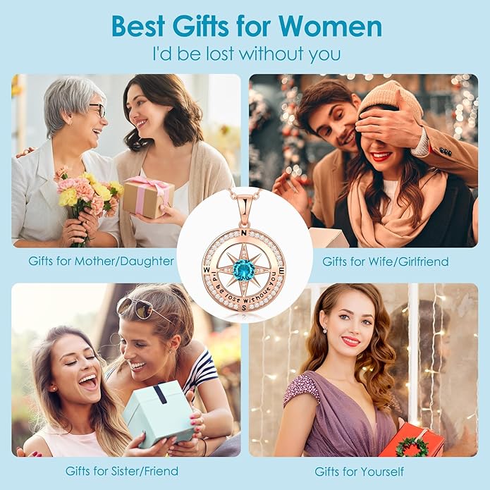 Compass Necklace Gifts for Women wife - S925 Sterling Silver Birthstone Necklaces for Women - Anniversary Birthday Gifts for Her Wife Girlfriend - Valentines Mom Mothers Day Christmas Gifts Jewelry for Women