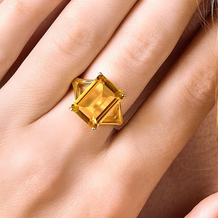 Gem Stone King 5-10 Cttw Gemstone Birthstone Solitaire Engagement Ring For Women | 18K Yellow Gold Plated Silver | 14X10MM Emerald Cut | Wedding Anniversary Ring | Available In Size 5, 6, 7, 8, 9