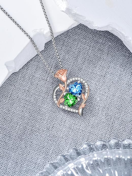 Jewelry for Her Double Heart Rose Birthstone Pendant Necklace Anniversary Jewelry Christmas Birthday Gifts for Women Wife Girlfriend