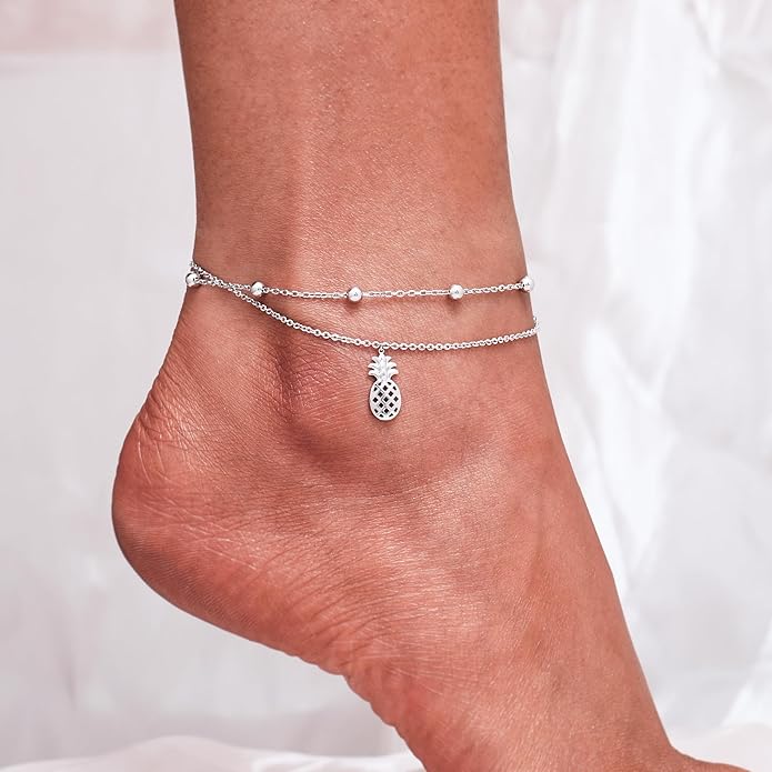 CHIC & ARTSY Womens Sterling Silver Created Opal Layered Anklet Bracelet Dainty Beaded Chain Adjustable 11" Best Friend Anklet