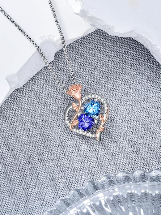 Jewelry for Her Double Heart Rose Birthstone Pendant Necklace Anniversary Jewelry Christmas Birthday Gifts for Women Wife Girlfriend