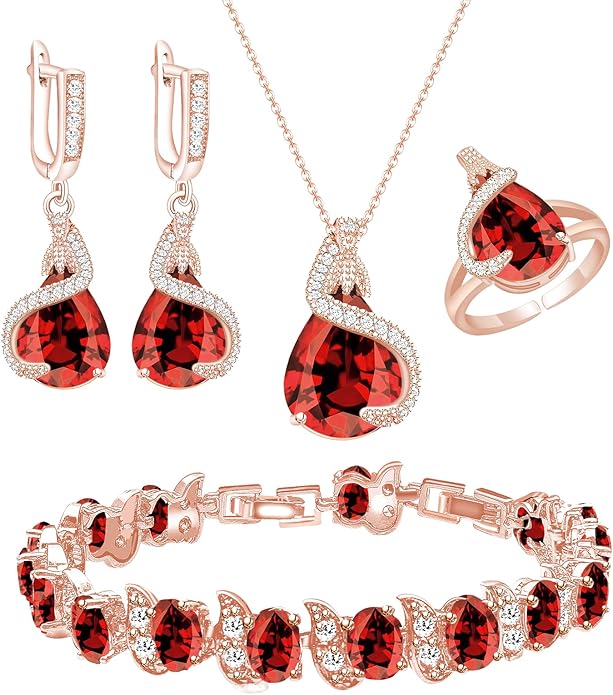 GZWHD Jewelry Set for Women Water Drop Cubic Zirconia Artificial Crystal Earrings Pendant Necklace Open Ring Tennis Bracelet Wedding Anniversary Birthday Engagement Gift for Bridesmaid Wife Girlfriend Friend