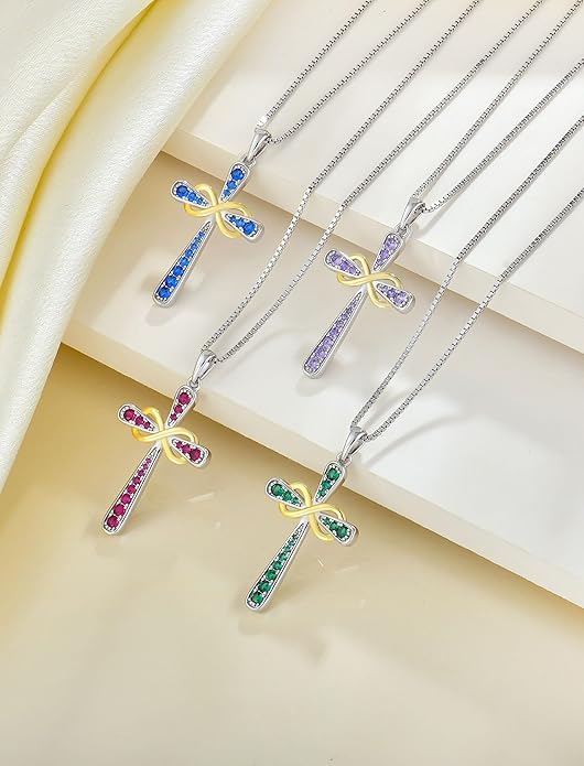 YL 925 Sterling Silver Cross Necklace for Women Halo Infinity Pendant Birthstone Jewelry for Mom