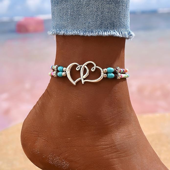 Shell Ankle Bracelet Set for Women, Gold Boho Bead Adjustable Anklet, Hawaiian Beach Seashell Pearl Heart Starfish Conch Foot Jewelry Gifts