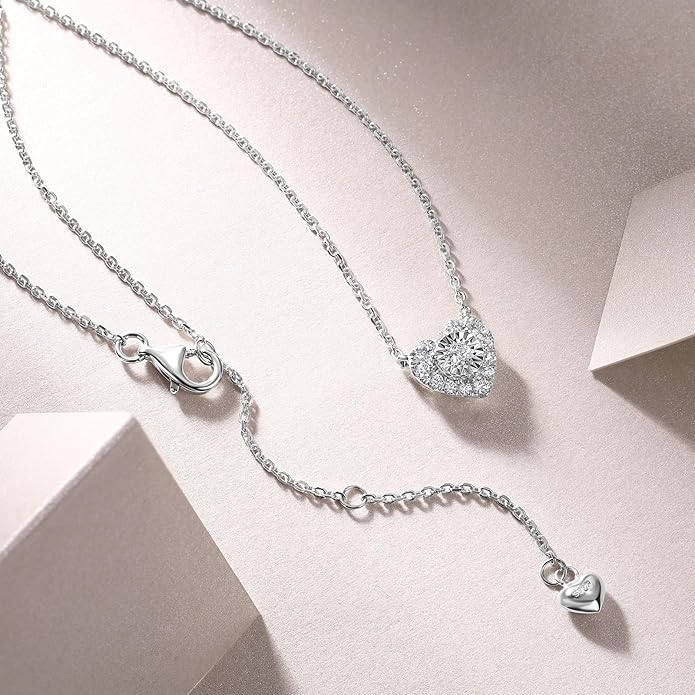 Sterling Silver Heart Cut Lab Grown Diamond Halo Pendant Necklace, Chain Included,ideal gift for anniversaries, birthdays, or any milestone celebration.