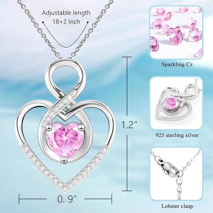 Heart Necklace for Women, 925 Silver Necklace with Infinity Heart Pendant, Personalized Birthstone Necklace Anniversary Birthday Gifts for Wife, Girlfriend, Mom