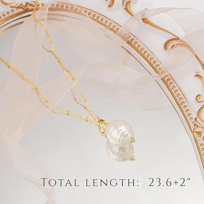 18k Gold Chain Link Necklace for Women, Baroque Pearl/Compass Pendant Necklace