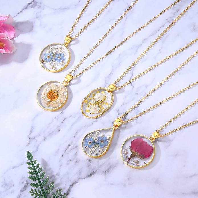 Forget-Me-Not and Queen Anne's Lace Pressed Wildflower Necklace | Birth Month Real Flower Necklace | Gold/Silver Pressed Flower Jewelry | Personalized Handmade Jewelry