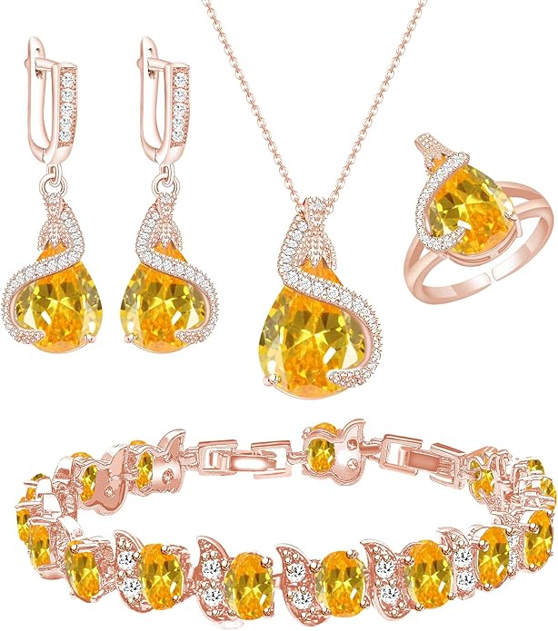 GZWHD Jewelry Set for Women Water Drop Cubic Zirconia Artificial Crystal Earrings Pendant Necklace Open Ring Tennis Bracelet Wedding Anniversary Birthday Engagement Gift for Bridesmaid Wife Girlfriend Friend