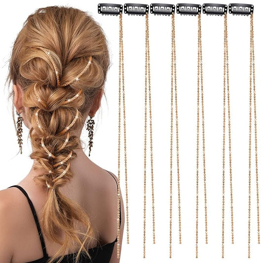 Chunyin 6 Pcs Rhinestone Hair Chains for Women Pearl Charm Rhinestone Hair Jewelry Accessories Crystal Extensions Clips Silver Gold Pins for Braids(Rose Gold)