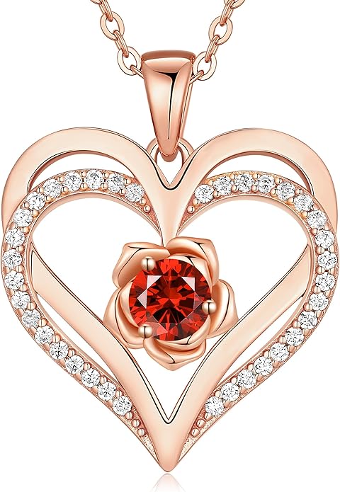 CDE S925 Silver Rose Gold Heart Birthstone Necklaces for Women，Ideal Anniversary or Birthday Jewelry Gifts for Wife Girlfriend Her