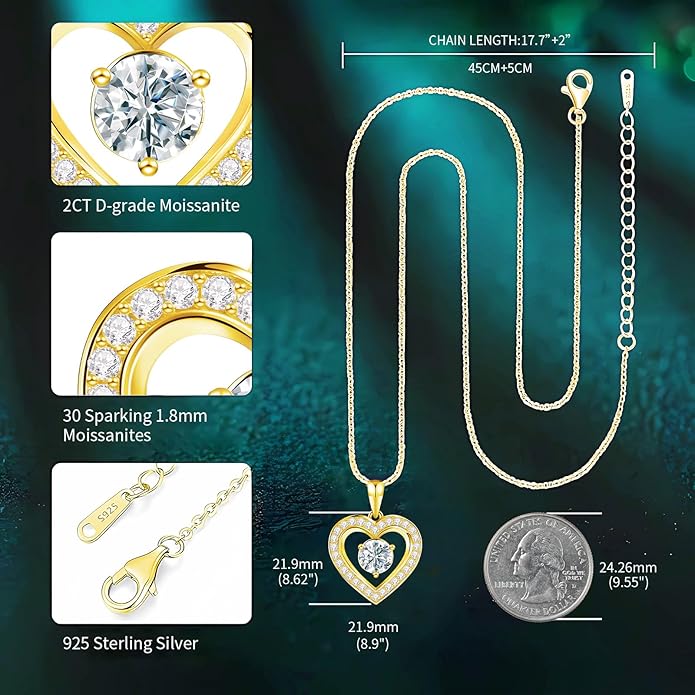 Full Moissanite Heart Necklace - No CZ! 2ct Vibrant Birthstone & 30 White Gems | 12 Month Gifts for Wife, Mom, Her | Anniversary, Valentine's Day, Mother's Day Jewelry