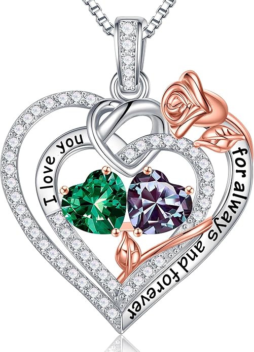 Iefil Rose Heart Necklace Gifts for Wife Women - 925 Sterling Silver Double Birthstone Necklace, Anniversary Birthday Gifts for Women, Jewelry Gift for Wife Girlfriend Mom Her