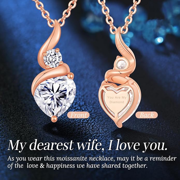 Moissanite Heart Pendant Necklaces for Women，925 Sterling Silver Gold Plating Necklace with Birthstone，Ideal Anniversary Present or Birthday Christmas Valentine Engagements Mothers Day Jewelry Gifts for Mom Wife Her Girlfriend