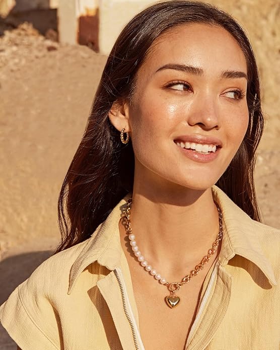 18k Gold Chain Link Necklace for Women, Baroque Pearl/Compass Pendant Necklace