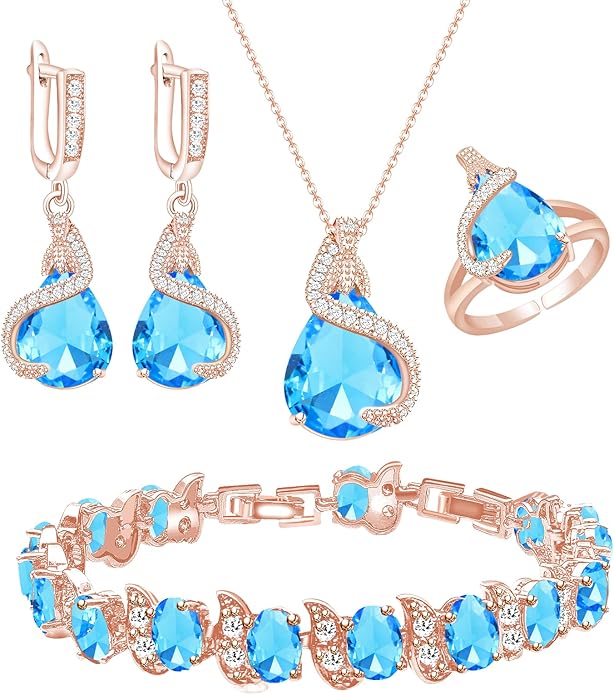 GZWHD Jewelry Set for Women Water Drop Cubic Zirconia Artificial Crystal Earrings Pendant Necklace Open Ring Tennis Bracelet Wedding Anniversary Birthday Engagement Gift for Bridesmaid Wife Girlfriend Friend