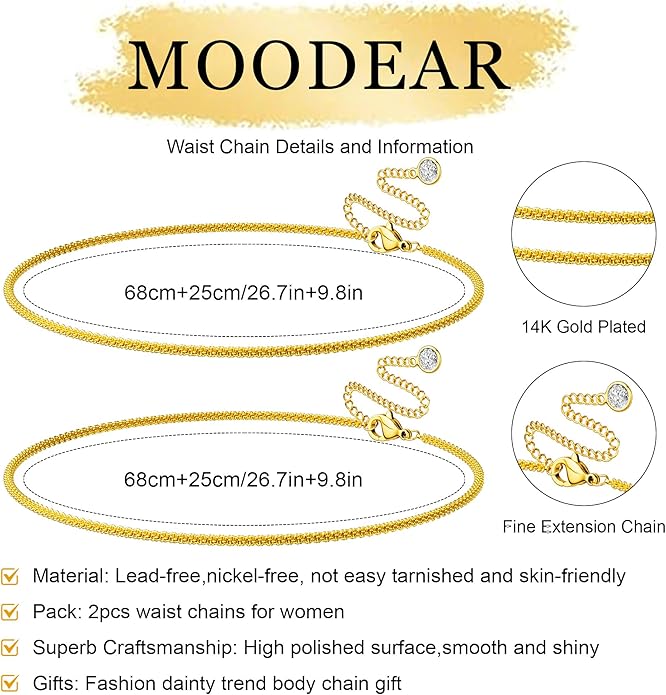 MOODEAR 2PCS Waist Chain for Women - Waterproof 14K Gold Plated/Silver Layered Belly Beads Chains with Drop Cubic Zirconia Body Chain Jewelry Sexy Bikini Belt Gift for Summer Beach