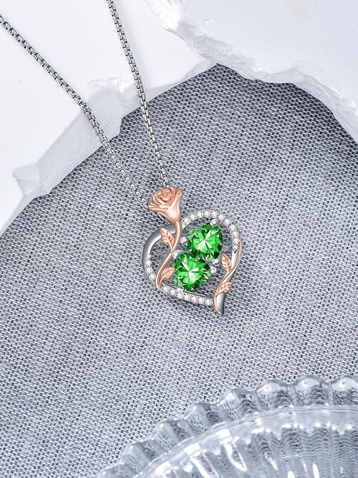 Jewelry for Her Double Heart Rose Birthstone Pendant Necklace Anniversary Jewelry Christmas Birthday Gifts for Women Wife Girlfriend